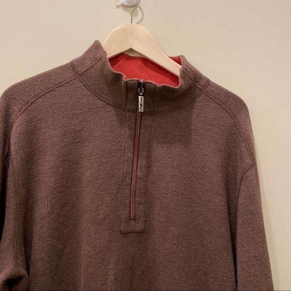 Tommy Bahama Reversible Flipshore Dark Taupe Heather Quarter Zip Sweater - Picture 2 of 12